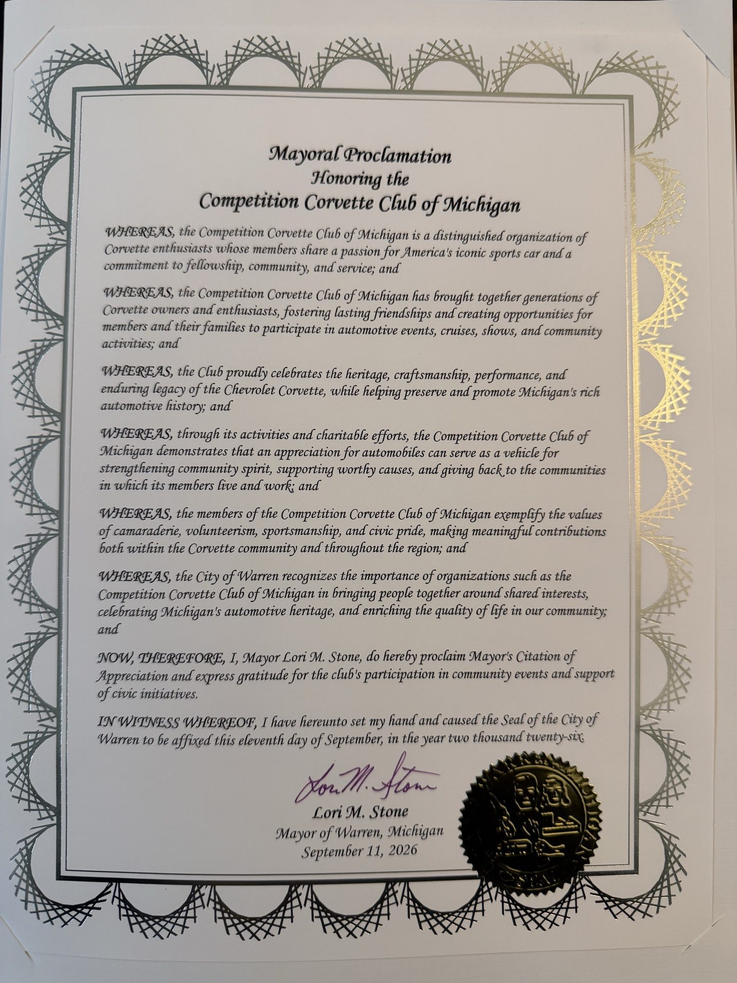 Mayoral Proclamation from Warren Mayor Lori M. Stone honoring the Competition Corvette Club of Michigan, September 11, 2026